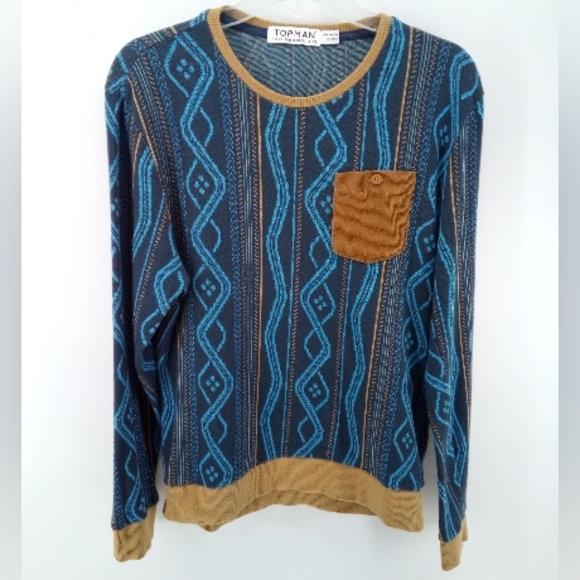Topman 100% Cotton Argyle Blue Brown Pocket Sweater XS Extra Button Men's - Picture 10 of 10